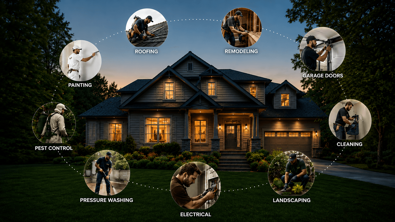 A network of home services contractors — roofing, remodeling, garage doors, cleaning, landscaping, electrical, pressure washing, pest control, and painting — surrounding a house at dusk
