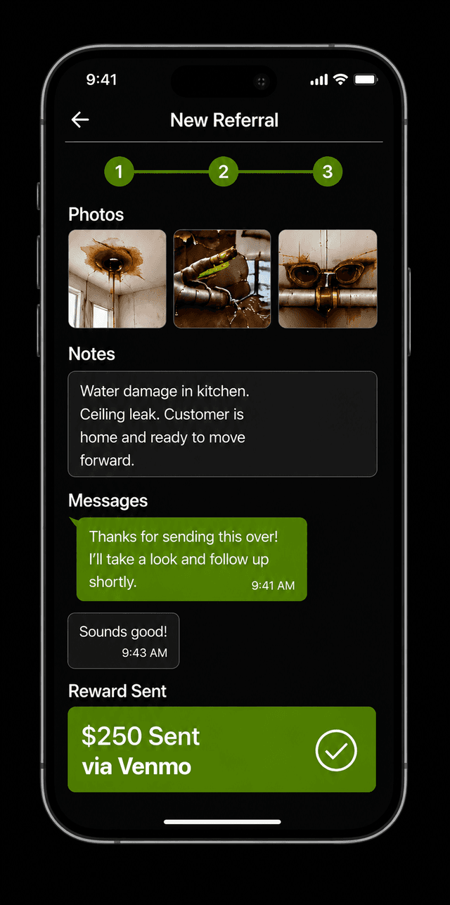 Referral Reactor app on a phone showing a new referral with photos, notes, messages, and a $250 reward sent via Venmo