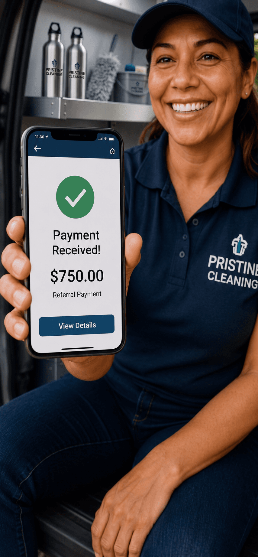 A smiling Pristine Cleaning employee holding a phone showing a $750.00 referral payment received in the Referral Reactor app