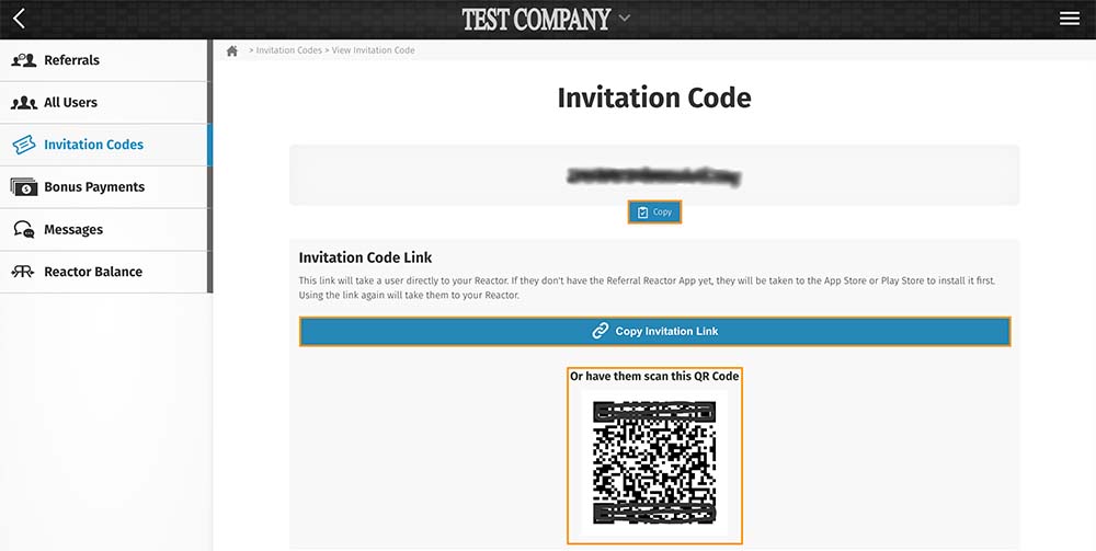 Share the invitation code, the link, or the QR code to invite users to your Referral Reactor.